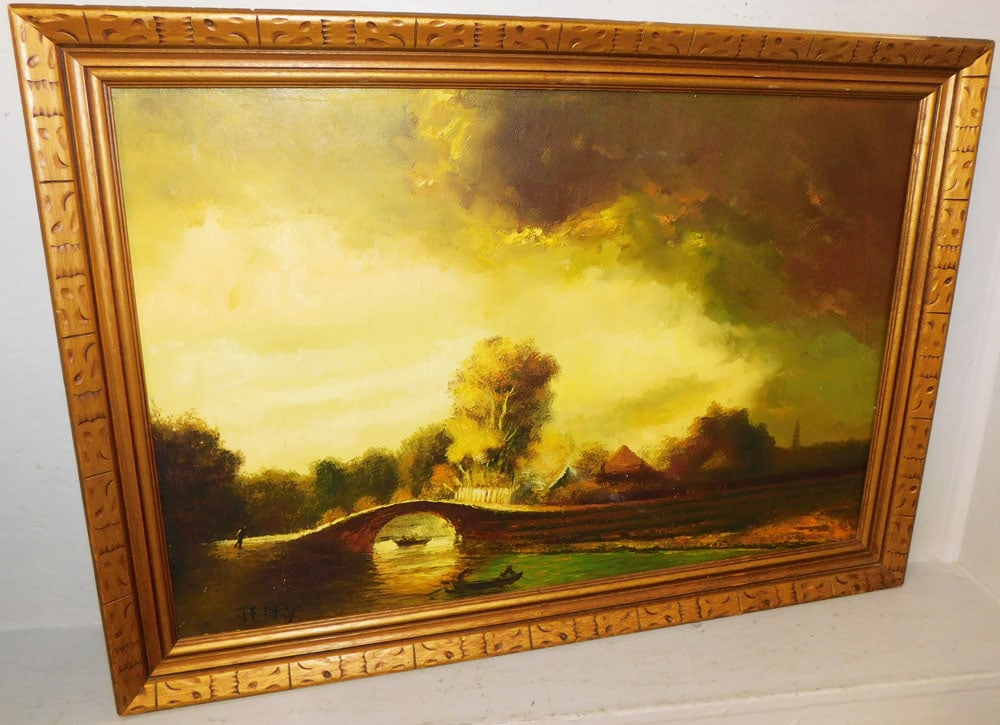 Framed Oil on Canvas Lake & Farm Scene Signed: Framed Oil on Canvas Lake & Farm Scene Signed . 29" x 41" "ALL DESCRIPTIONS AND ANY CONDITION STATEMENT GIVEN BY LANGSTON AUCTION GALLERY ARE STRICTLY OPINIONS AND LANGSTON'S SHALL HAVE NO
