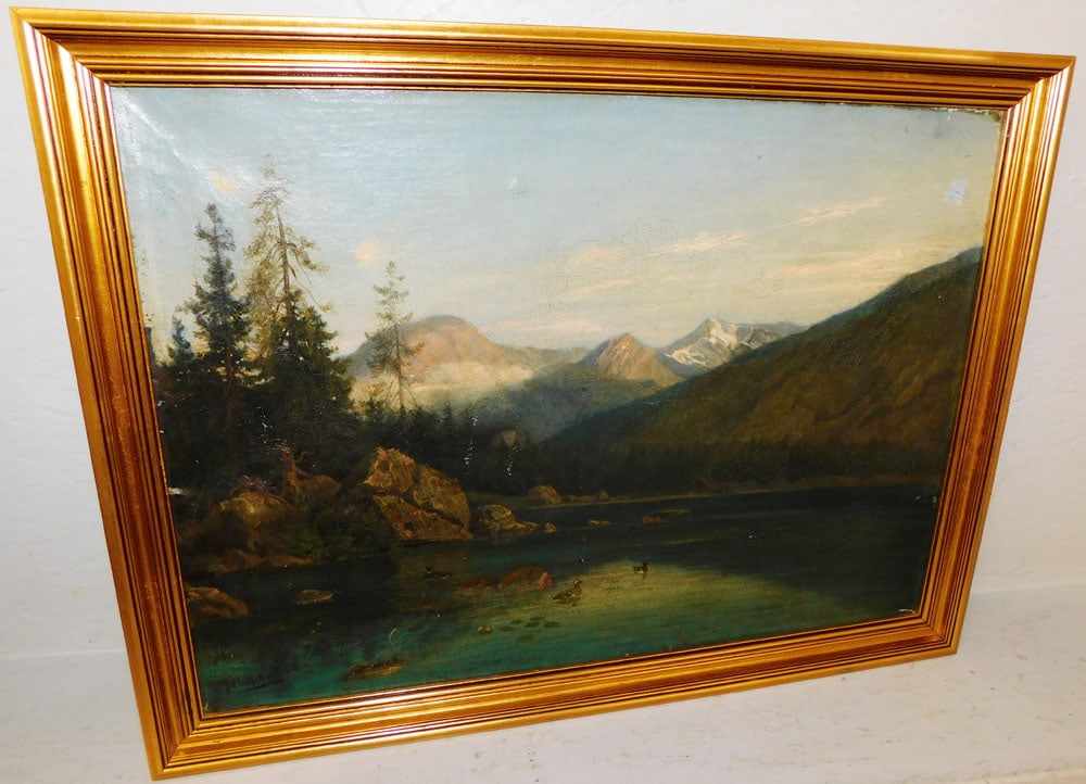 19th Century Framed Oil on Canvas Lake & Mountain Scene Signed (1 of 10)