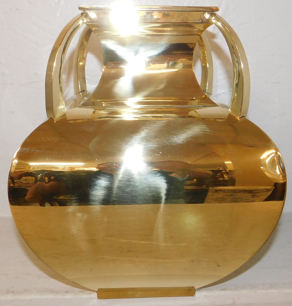 Modern Polished Brass Four Handle Urn Form Vase: Modern Polished Brass Four Handle Urn Form Vase . 13 1/2" H 10 1/2" Dia. "ALL DESCRIPTIONS AND ANY CONDITION STATEMENT GIVEN BY LANGSTON AUCTION GALLERY ARE STRICTLY OPINIONS AND LANGSTON'S SHALL