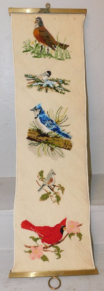 Needlepoint Bell Pull with Bird Motif: Needlepoint Bell Pull with Bird Motif . 36" H 10 1/4" W "ALL DESCRIPTIONS AND ANY CONDITION STATEMENT GIVEN BY LANGSTON AUCTION GALLERY ARE STRICTLY OPINIONS AND LANGSTON'S SHALL HAVE NO