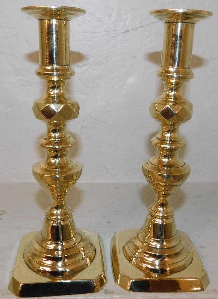 Pair of Antique Polished Brass Beehive Candlesticks: Pair of Antique Polished Brass Beehive Candlesticks . 9" H 3 1/2" Dia. "ALL DESCRIPTIONS AND ANY CONDITION STATEMENT GIVEN BY LANGSTON AUCTION GALLERY ARE STRICTLY OPINIONS AND LANGSTON'S SHALL HAVE