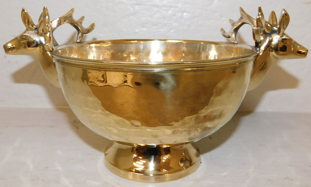 Polished Brass Bowl with Stag Handles: Polished Brass Bowl with Stag Handles . 5" H 10 1/4" W "ALL DESCRIPTIONS AND ANY CONDITION STATEMENT GIVEN BY LANGSTON AUCTION GALLERY ARE STRICTLY OPINIONS AND LANGSTON'S SHALL HAVE NO