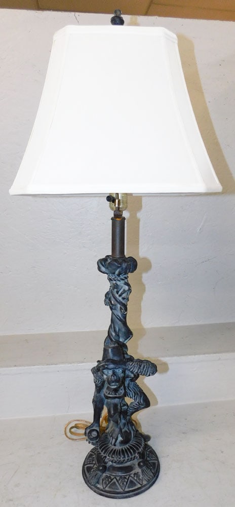 Painted Resin Figural Monkey Lamp: Painted Resin Figural Monkey Lamp. 36 1/2" H 14" W 10 1/2" D "ALL DESCRIPTIONS AND ANY CONDITION STATEMENT GIVEN BY LANGSTON AUCTION GALLERY ARE STRICTLY OPINIONS AND LANGSTON'S SHALL HAVE NO