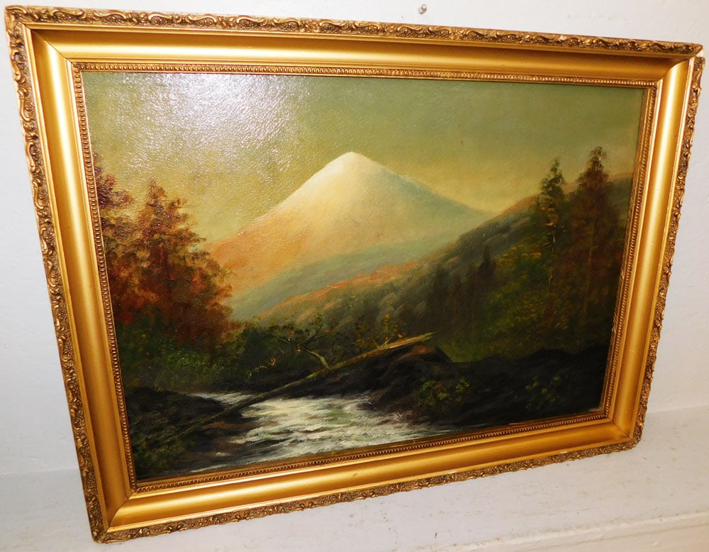 19th Century Gilded Frame Oil on Canvas Mountain & River Scene: 19th Century Gilded Frame Oil on Canvas Mountain & River Scene. 23 3/4" x 31 3/4" "ALL DESCRIPTIONS AND ANY CONDITION STATEMENT GIVEN BY LANGSTON AUCTION GALLERY ARE STRICTLY OPINIONS AND LANGSTON'S