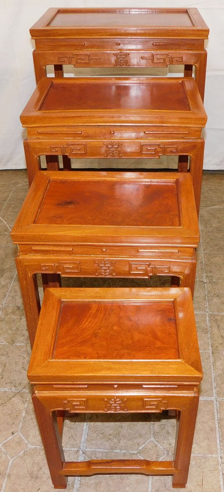 Set of Four Oriental Burled & Rosewood Nesting Tables: Set of Four Oriental Burled & Rosewood Nesting Tables . Up to 27 3/4" H 19" W 14" D "ALL DESCRIPTIONS AND ANY CONDITION STATEMENT GIVEN BY LANGSTON AUCTION GALLERY ARE STRICTLY OPINIONS AND