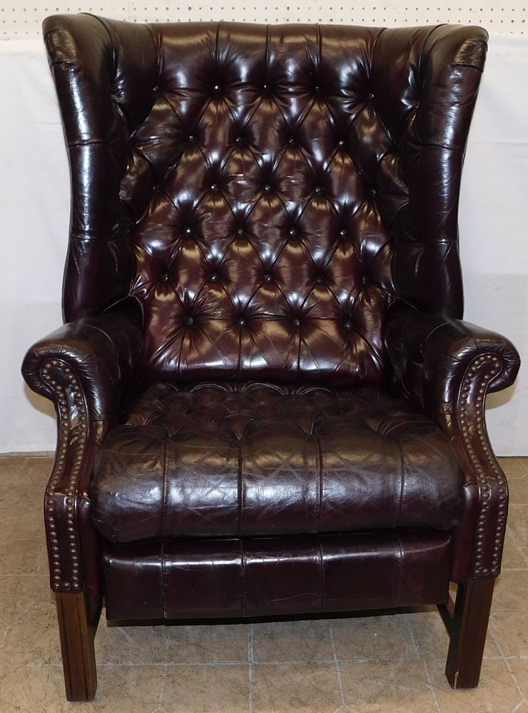 Leather Button & Tufted Chesterfield Style Recliner by Barcalounger: Leather Button & Tufted Chesterfield Style Recliner by Barcalounger. 44" H 32" W 36" D "ALL DESCRIPTIONS AND ANY CONDITION STATEMENT GIVEN BY LANGSTON AUCTION GALLERY ARE STRICTLY OPINIONS AND