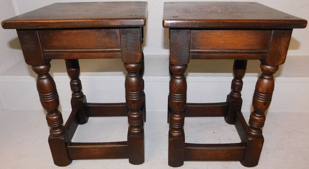 Pair of Antique Oak Jacobean Joint Stools: Pair of Antique Oak Jacobean Joint Stools . 16 1/2" H 11 1/4" W 10 3/4" D "ALL DESCRIPTIONS AND ANY CONDITION STATEMENT GIVEN BY LANGSTON AUCTION GALLERY ARE STRICTLY OPINIONS AND LANGSTON'S SHALL