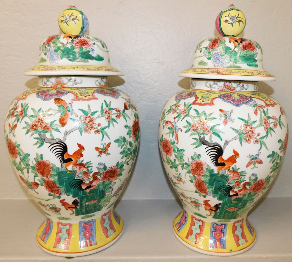 Pair of Oriental Covered Urns with Rooster & Butterfly Motif: Pair of Oriental Covered Urns with Rooster & Butterfly Motif . 18 1/4" H 9 1/4" Dia. "ALL DESCRIPTIONS AND ANY CONDITION STATEMENT GIVEN BY LANGSTON AUCTION GALLERY ARE STRICTLY OPINIONS AND LANGSTON'