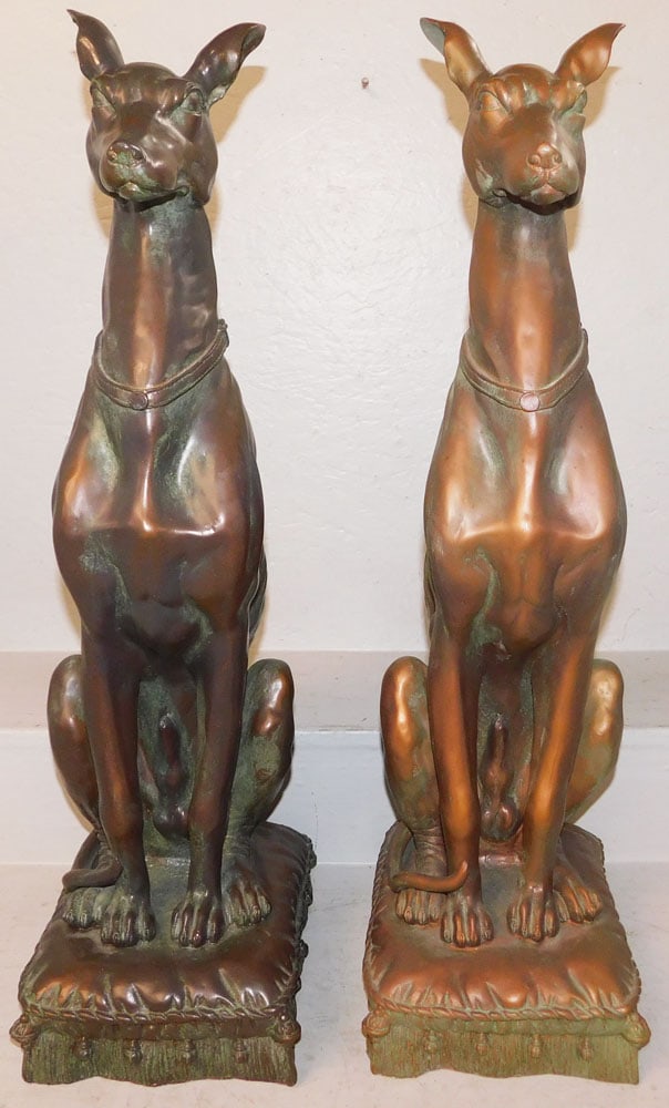 Pair of Bronze Finished Resin Whippet Statues: Pair of Bronze Finished Resin Whippet Statues . 30 1/4" H 9" W 11 1/4" D "ALL DESCRIPTIONS AND ANY CONDITION STATEMENT GIVEN BY LANGSTON AUCTION GALLERY ARE STRICTLY OPINIONS AND LANGSTON'S SHALL