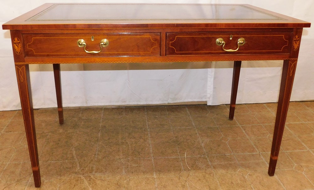 Mahogany Inlaid Tooled Leather Top Two Drawer Desk (1 of 11)
