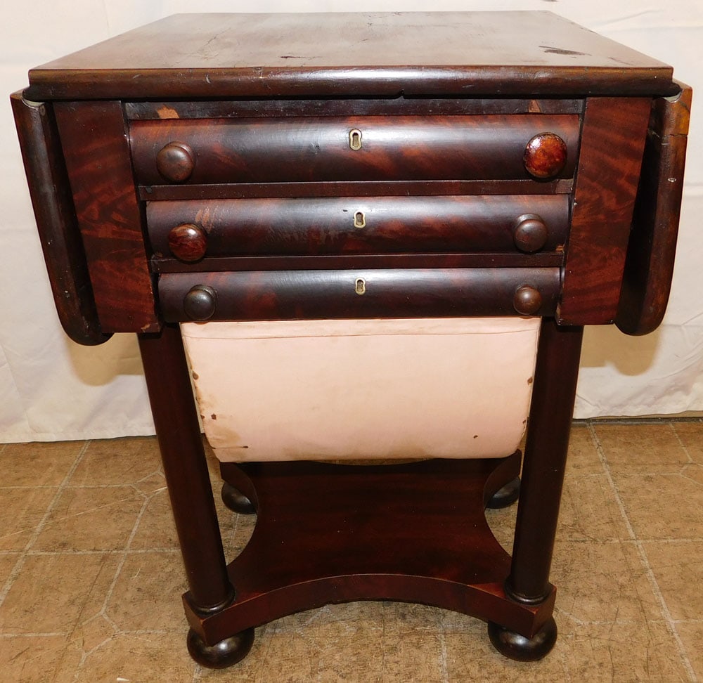 19th Century Mahogany Drop Leaf Three Drawer Sewing Stand: 19th Century Mahogany Drop Leaf Three Drawer Sewing Stand . 27 3/4" H 19 1/4" W 17" D "ALL DESCRIPTIONS AND ANY CONDITION STATEMENT GIVEN BY LANGSTON AUCTION GALLERY ARE STRICTLY OPINIONS AND