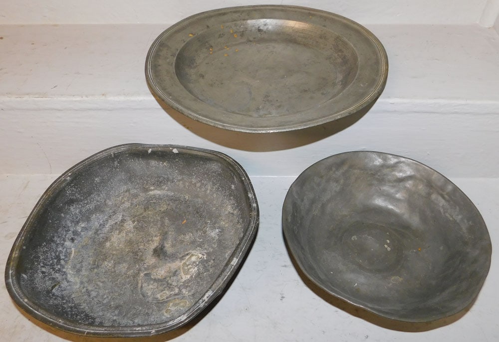Two Antique Pewter Bowls & One Charger: Two Antique Pewter Bowls & One Charger . Up to 12 1/2" Dia. "ALL DESCRIPTIONS AND ANY CONDITION STATEMENT GIVEN BY LANGSTON AUCTION GALLERY ARE STRICTLY OPINIONS AND LANGSTON'S SHALL HAVE NO