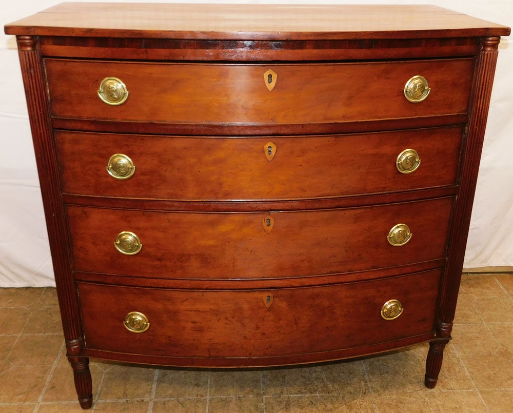 19th Century Cherry Sheraton Bow Front Four Drawer Chest with Reeded Quarter Columns (1 of 10)