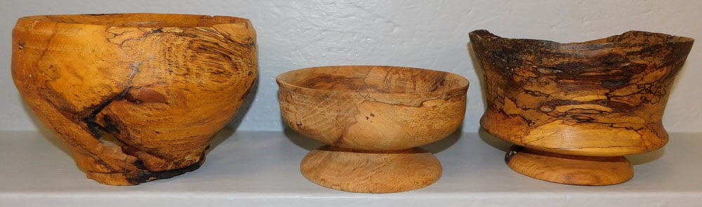Three Turned Burled Wood Bowls: Three Turned Burled Wood Bowls . Up to 6 1/2" H 9" Dia. "ALL DESCRIPTIONS AND ANY CONDITION STATEMENT GIVEN BY LANGSTON AUCTION GALLERY ARE STRICTLY OPINIONS AND LANGSTON'S SHALL HAVE NO