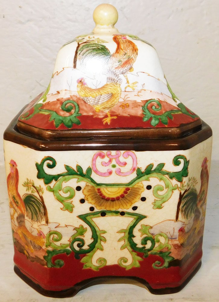 Oriental Painted Porcelain Covered Jar with Rooster Motif (1 of 5)