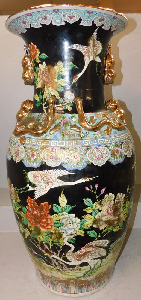 Large Oriental Painted Porcelain Palace Vase with Heron Motif: Large Oriental Painted Porcelain Palace Vase with Heron Motif . 36 3/4" H 17" Dia. "ALL DESCRIPTIONS AND ANY CONDITION STATEMENT GIVEN BY LANGSTON AUCTION GALLERY ARE STRICTLY OPINIONS AND LANGSTON'S