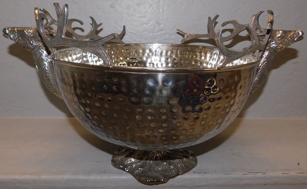 Silverplated Pedestal Bowl with Stag Handles: Silverplated Pedestal Bowl with Stag Handles. 10" H 17 3/4" W "ALL DESCRIPTIONS AND ANY CONDITION STATEMENT GIVEN BY LANGSTON AUCTION GALLERY ARE STRICTLY OPINIONS AND LANGSTON'S SHALL HAVE NO