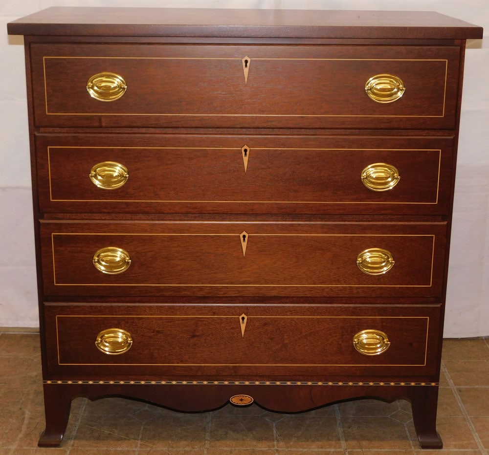 Mahogany Inlaid Four Drawer Chest by Howerton's Antiques & Reproductions: Mahogany Inlaid Four Drawer Chest by Howerton's Antiques & Reproductions. 36 1/4" H 36" W 18" D "ALL DESCRIPTIONS AND ANY CONDITION STATEMENT GIVEN BY LANGSTON AUCTION GALLERY ARE STRICTLY OPINIONS