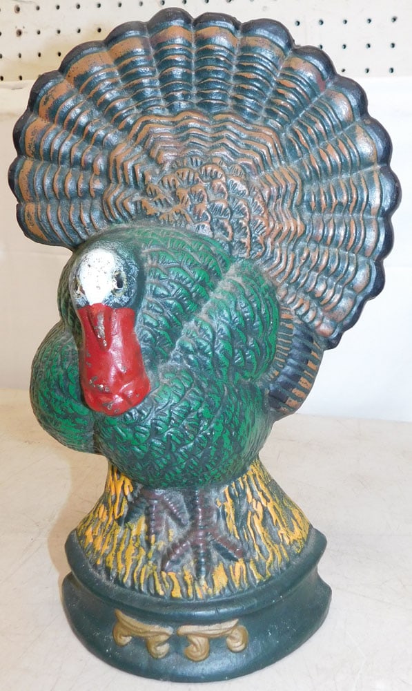 Painted Cast Iron Turkey Door Stop: Painted Cast Iron Turkey Door Stop . 12 1/2" H 8" W "ALL DESCRIPTIONS AND ANY CONDITION STATEMENT GIVEN BY LANGSTON AUCTION GALLERY ARE STRICTLY OPINIONS AND LANGSTON'S SHALL HAVE NO RESPONSIBILITY