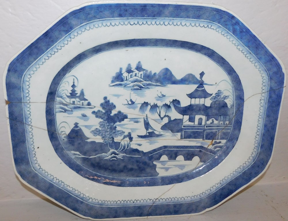 19th Century Canton Blue & White Porcelain Platter with Staple Restoration: 19th Century Canton Blue & White Porcelain Platter with Staple Restoration. 17" x 13 3/4" "ALL DESCRIPTIONS AND ANY CONDITION STATEMENT GIVEN BY LANGSTON AUCTION GALLERY ARE STRICTLY OPINIONS AND LANG