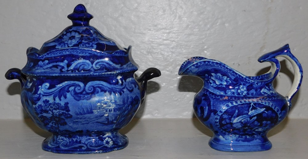 Antique Staffordshire Blue & White Porcelain Transferware Sugar & Creamer, (Both Have Restoration): Antique Staffordshire Blue & White Porcelain Transferware Sugar & Creamer, (Both Have Restoration). Up to 6 3/4" H 7" W "ALL DESCRIPTIONS AND ANY CONDITION STATEMENT GIVEN BY LANGSTON AUCTION GALLERY