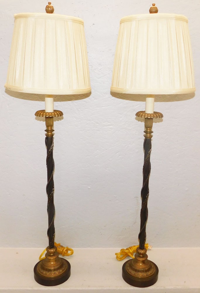 Pair of Brass Candlestick Buffet Lamps: Pair of Brass Candlestick Buffet Lamps. 35" H 10" Dia. "ALL DESCRIPTIONS AND ANY CONDITION STATEMENT GIVEN BY LANGSTON AUCTION GALLERY ARE STRICTLY OPINIONS AND LANGSTON'S SHALL HAVE NO