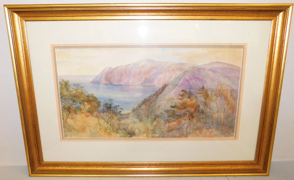 Framed Watercolor of a Mountain & Coastal Scene: Framed Watercolor of a Mountain & Coastal Scene . 25" x 17" "ALL DESCRIPTIONS AND ANY CONDITION STATEMENT GIVEN BY LANGSTON AUCTION GALLERY ARE STRICTLY OPINIONS AND LANGSTON'S SHALL HAVE NO