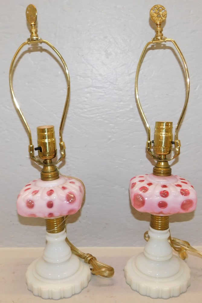 Pair of Antique Coin Spot Lamps with Milk Glass Bases, (One Has Restoration): Pair of Antique Coin Spot Lamps with Milk Glass Bases, (One Has Restoration). 20 1/4" H 4 1/2" Dia. "ALL DESCRIPTIONS AND ANY CONDITION STATEMENT GIVEN BY LANGSTON AUCTION GALLERY ARE STRICTLY