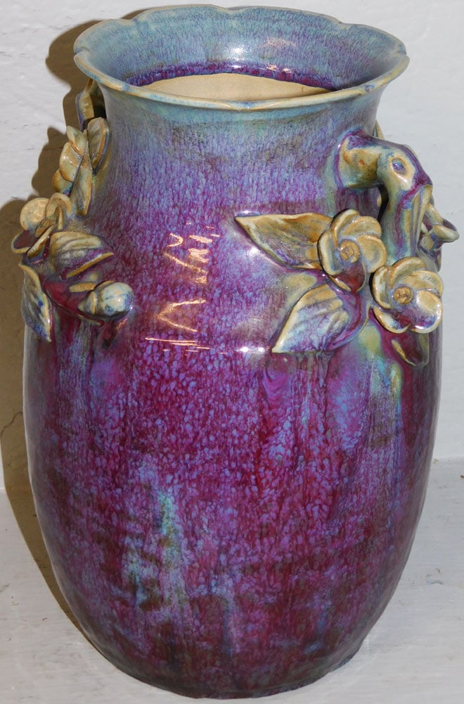 Chinese Flambe Glaze Pottery Vase Signed with Character Marks: Chinese Flambe Glaze Pottery Vase Signed with Character Marks . 12" H 8 1/2" W "ALL DESCRIPTIONS AND ANY CONDITION STATEMENT GIVEN BY LANGSTON AUCTION GALLERY ARE STRICTLY OPINIONS AND LANGSTON'S