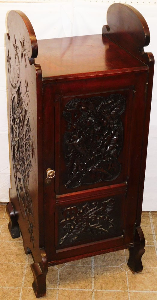 Rare Antique Ornate Mahogany Victorian Music Cabinet with Carved Composer Names: Rare Antique Ornate Mahogany Victorian Music Cabinet with Carved Composer Names . 45 1/4" H 17 3/4" W 17 3/4" D "ALL DESCRIPTIONS AND ANY CONDITION STATEMENT GIVEN BY LANGSTON AUCTION GALLERY ARE
