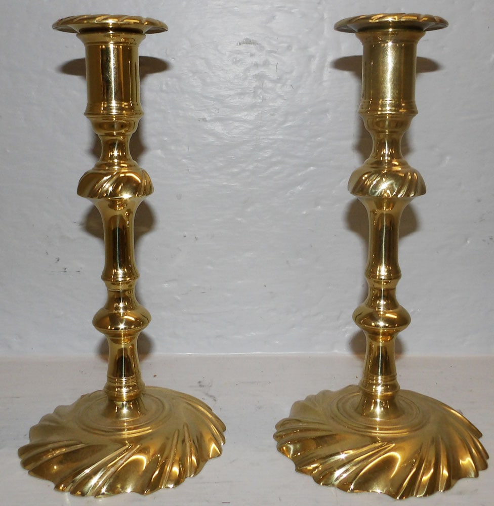 Pair of Brass VA Metalcrafters Candlesticks: Pair of Brass VA Metalcrafters Candlesticks . 9" H 4 1/2" Dia. "ALL DESCRIPTIONS AND ANY CONDITION STATEMENT GIVEN BY LANGSTON AUCTION GALLERY ARE STRICTLY OPINIONS AND LANGSTON'S SHALL HAVE NO