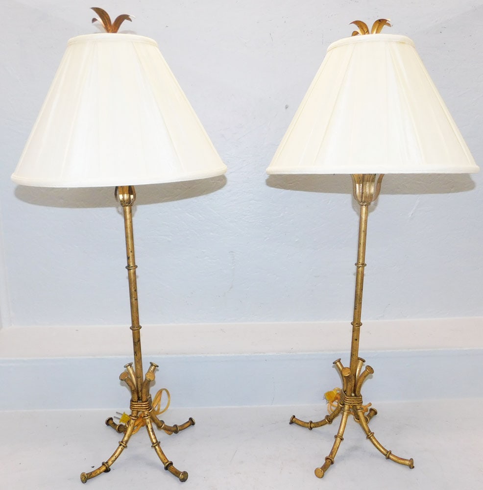 Pair of Gilded Metal Faux Bamboo Lamps: Pair of Gilded Metal Faux Bamboo Lamps . 36 1/2" H Shade: 16" Dia. "ALL DESCRIPTIONS AND ANY CONDITION STATEMENT GIVEN BY LANGSTON AUCTION GALLERY ARE STRICTLY OPINIONS AND LANGSTON'S SHALL HAVE NO RE
