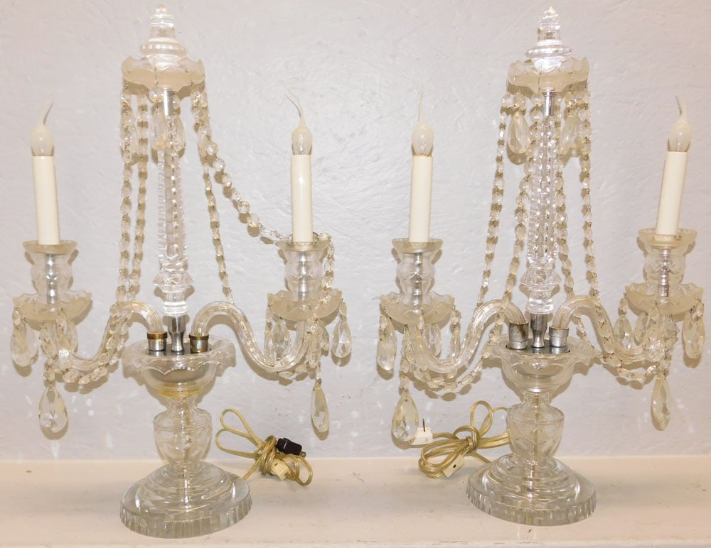Pair of Cut Crystal Two Light Candelabra Lamps: Pair of Cut Crystal Two Light Candelabra Lamps . 22" H 14 1/2" W "ALL DESCRIPTIONS AND ANY CONDITION STATEMENT GIVEN BY LANGSTON AUCTION GALLERY ARE STRICTLY OPINIONS AND LANGSTON'S SHALL HAVE NO