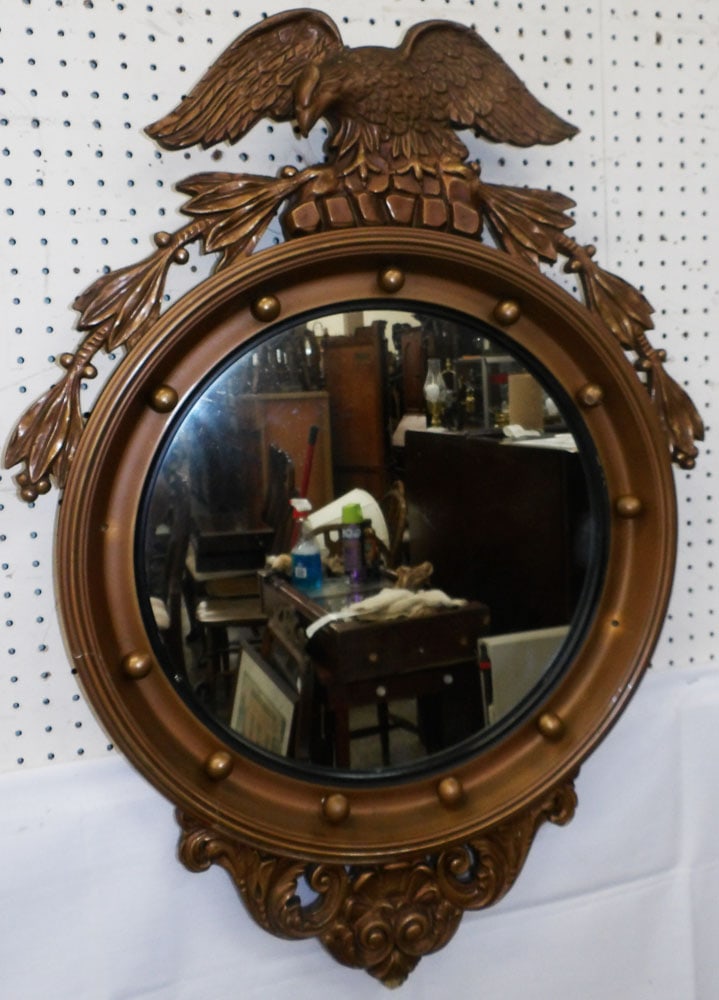 Painted Frame Convex Style Mirror with Eagle Crest: Painted Frame Convex Style Mirror with Eagle Crest . 35" x 25" "ALL DESCRIPTIONS AND ANY CONDITION STATEMENT GIVEN BY LANGSTON AUCTION GALLERY ARE STRICTLY OPINIONS AND LANGSTON'S SHALL HAVE NO