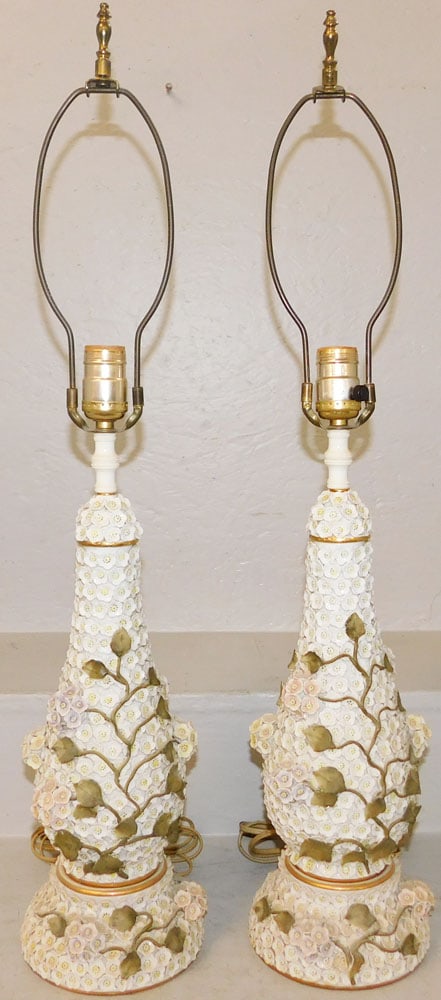 Pair of Painted Porcelain Meissen Style Schneeballen Floral Lamps: Pair of Painted Porcelain Meissen Style Schneeballen Floral Lamps . 28 3/4" H 5 1/2" Dia. "ALL DESCRIPTIONS AND ANY CONDITION STATEMENT GIVEN BY LANGSTON AUCTION GALLERY ARE STRICTLY OPINIONS AND