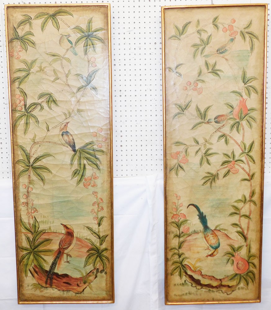 Pair of Painted Wall Panels with Bird Motif: Pair of Painted Wall Panels with Bird Motif . 60" x 20" "ALL DESCRIPTIONS AND ANY CONDITION STATEMENT GIVEN BY LANGSTON AUCTION GALLERY ARE STRICTLY OPINIONS AND LANGSTON'S SHALL HAVE NO