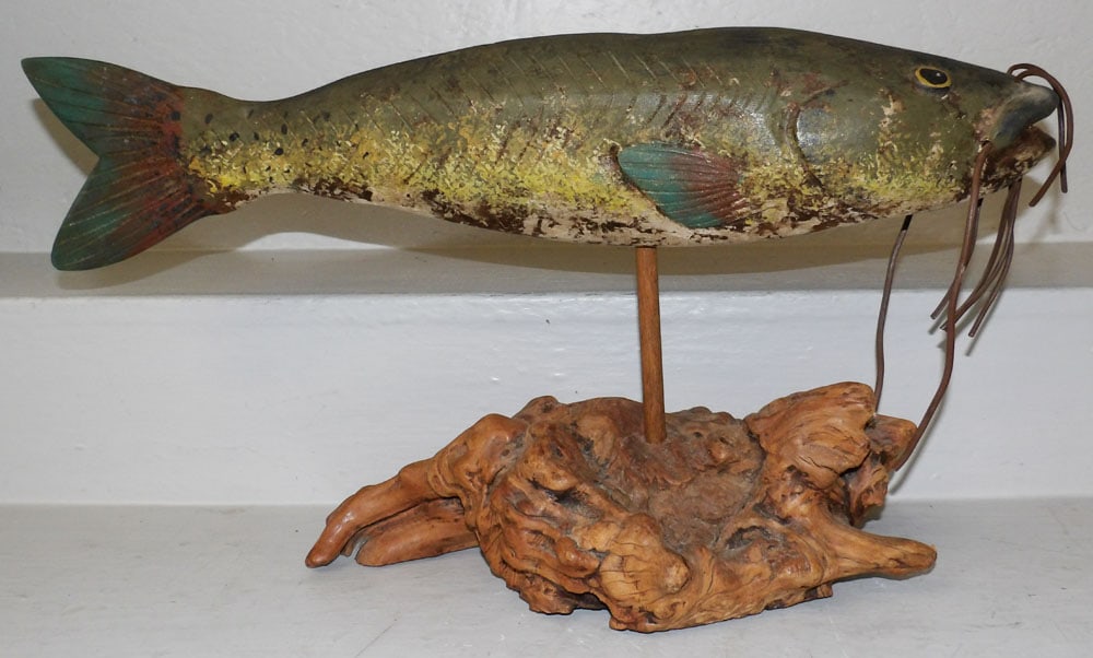 Painted Carved Wood Fish on Driftwood Stand: Painted Carved Wood Fish on Driftwood Stand . 20" H 23 1/4" L "ALL DESCRIPTIONS AND ANY CONDITION STATEMENT GIVEN BY LANGSTON AUCTION GALLERY ARE STRICTLY OPINIONS AND LANGSTON'S SHALL HAVE NO