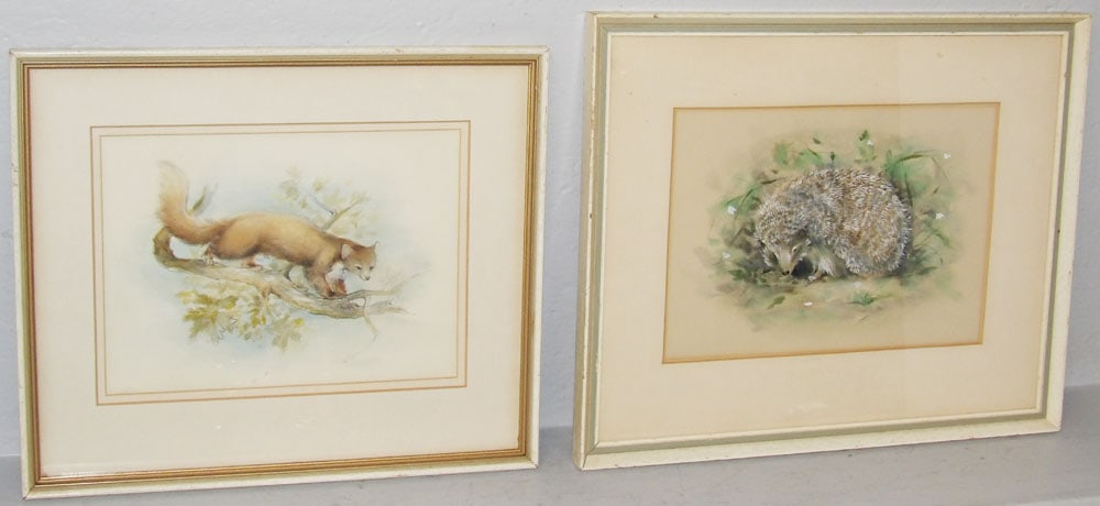 Two Framed Watercolors of Fox & Porcupine Artist Signed: Two Framed Watercolors of Fox & Porcupine Artist Signed. Up to 17 3/4" x 21 1/4" "ALL DESCRIPTIONS AND ANY CONDITION STATEMENT GIVEN BY LANGSTON AUCTION GALLERY ARE STRICTLY OPINIONS AND LANGSTON'S