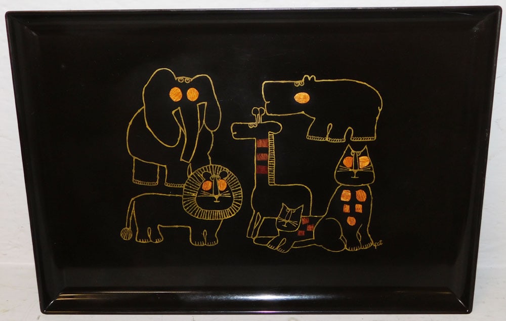 Mid Century Modern Wood & Brass Inlay Safari Serving Tray by Couroc of Monterey: Mid Century Modern Wood & Brass Inlay Safari Serving Tray by Couroc of Monterey. 18" x 12 1/2 "ALL DESCRIPTIONS AND ANY CONDITION STATEMENT GIVEN BY LANGSTON AUCTION GALLERY ARE STRICTLY OPINIONS AND 