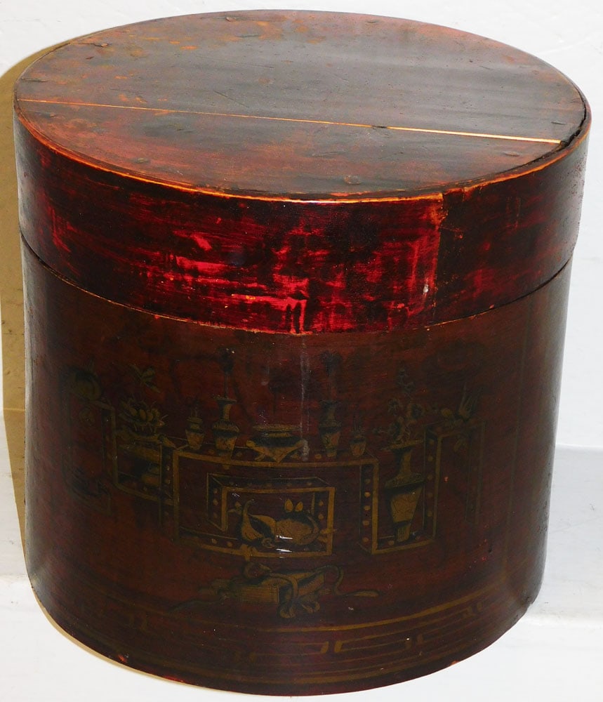 Antique Round Chinese Red Lacquered Bent Wood Tea Box: Antique Round Chinese Red Lacquered Bent Wood Tea Box. 11 3/4" H 12 3/4" Dia. "ALL DESCRIPTIONS AND ANY CONDITION STATEMENT GIVEN BY LANGSTON AUCTION GALLERY ARE STRICTLY OPINIONS AND LANGSTON'S SHALL