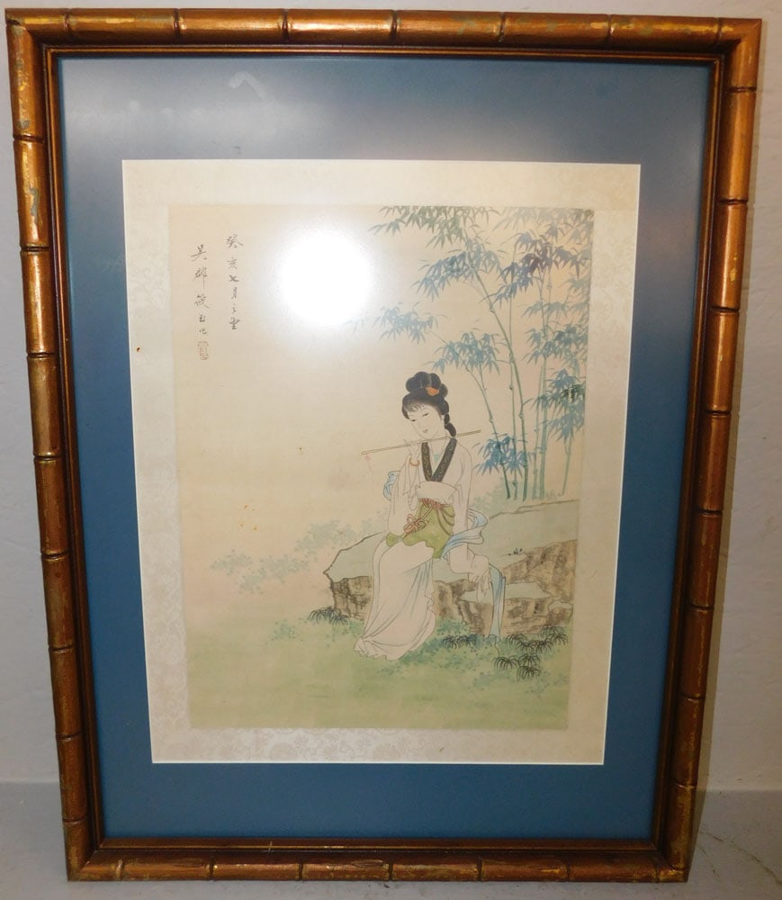 Framed Oriental Print in Faux Bamboo Frame: Framed Oriental Print in Faux Bamboo Frame . 25 3/4" x 19 3/4" "ALL DESCRIPTIONS AND ANY CONDITION STATEMENT GIVEN BY LANGSTON AUCTION GALLERY ARE STRICTLY OPINIONS AND LANGSTON'S SHALL HAVE NO