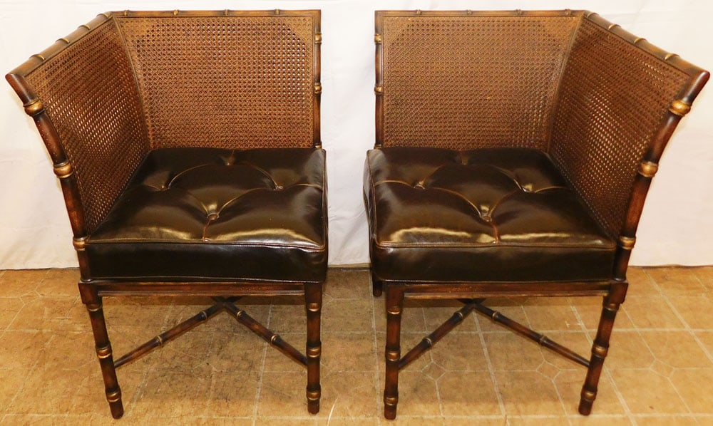 Pair of Walnut Faux Bamboo & Cane Back Corner Chairs: Pair of Walnut Faux Bamboo & Cane Back Corner Chairs. 34 1/4" H 49" W 22 3/4" D "ALL DESCRIPTIONS AND ANY CONDITION STATEMENT GIVEN BY LANGSTON AUCTION GALLERY ARE STRICTLY OPINIONS AND LANGSTON'S SHA