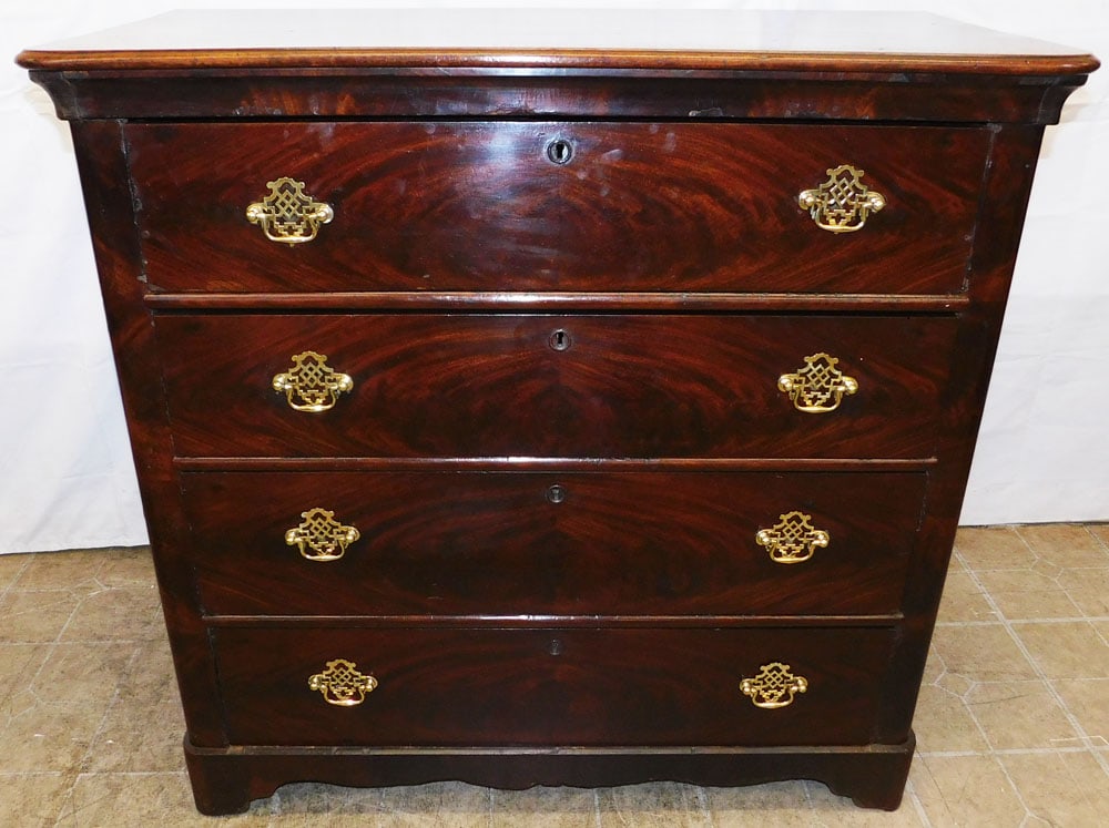 19th Century Crotch Mahogany Four Drawer Chest: 19th Century Crotch Mahogany Four Drawer Chest . 40 1/4" H 42" W 20 1/2" D "ALL DESCRIPTIONS AND ANY CONDITION STATEMENT GIVEN BY LANGSTON AUCTION GALLERY ARE STRICTLY OPINIONS AND LANGSTON'S SHALL