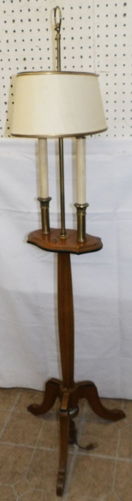 Walnut & Brass Two Light Floor Lamp: Walnut & Brass Two Light Floor Lamp. 57 3/4" H 16" Dia. "ALL DESCRIPTIONS AND ANY CONDITION STATEMENT GIVEN BY LANGSTON AUCTION GALLERY ARE STRICTLY OPINIONS AND LANGSTON'S SHALL HAVE NO