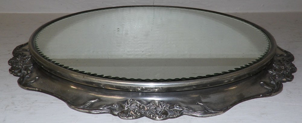 Silverplated & Mirror Top Plateau: Silverplated & Mirror Top Plateau . 16" Dia. "ALL DESCRIPTIONS AND ANY CONDITION STATEMENT GIVEN BY LANGSTON AUCTION GALLERY ARE STRICTLY OPINIONS AND LANGSTON'S SHALL HAVE NO RESPONSIBILITY FOR ERROR
