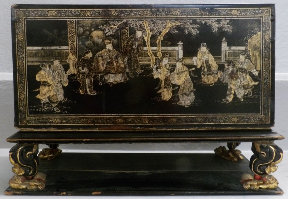 Antique Ornate Chinoiserie Paint Decorated Altar Stand with Cover: Antique Ornate Chinoiserie Paint Decorated Altar Stand with Cover . 10 1/2" H 16" W 7" D "ALL DESCRIPTIONS AND ANY CONDITION STATEMENT GIVEN BY LANGSTON AUCTION GALLERY ARE STRICTLY OPINIONS AND