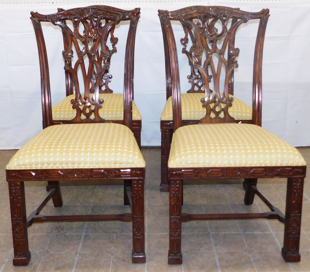 Set of Four Carved Mahogany Chippendale Style Dining Chairs by Maitland Smith: Set of Four Carved Mahogany Chippendale Style Dining Chairs by Maitland Smith . 42 1/4" H 22" W 22" D "ALL DESCRIPTIONS AND ANY CONDITION STATEMENT GIVEN BY LANGSTON AUCTION GALLERY ARE STRICTLY OPINI