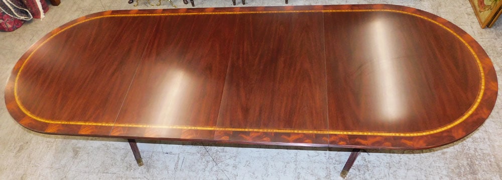 Mahogany Inlaid Two Pedestal Dining Table with Two Leaves by Henkel Harris (1 of 10)
