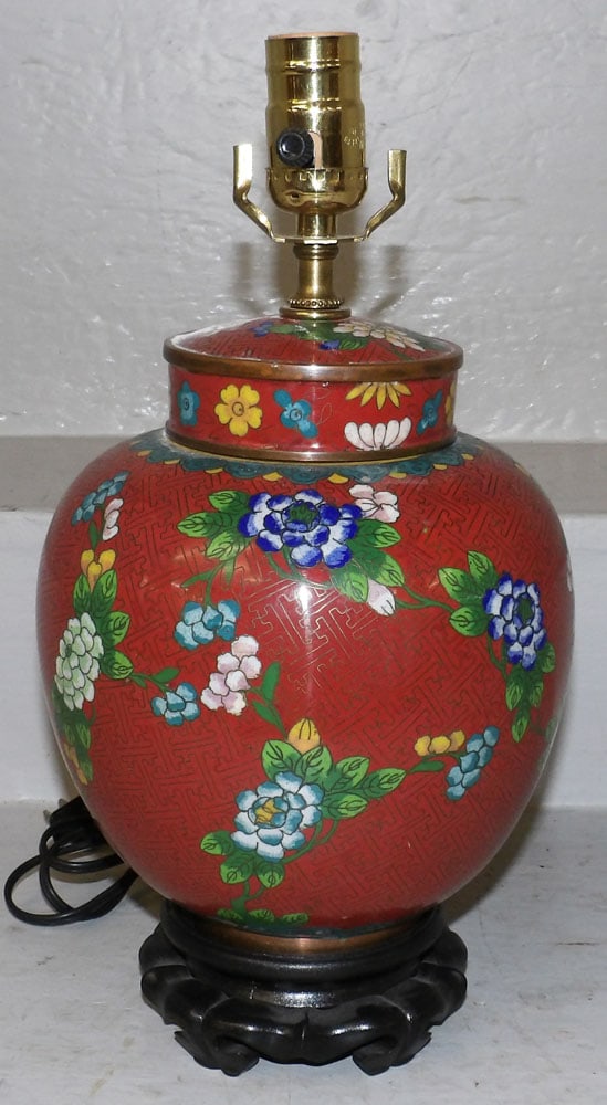 Oriental Cloisonne Jar Made Into Lamp: Oriental Cloisonne Jar Made Into Lamp . 14" H 7 1/4" Dia. "ALL DESCRIPTIONS AND ANY CONDITION STATEMENT GIVEN BY LANGSTON AUCTION GALLERY ARE STRICTLY OPINIONS AND LANGSTON'S SHALL HAVE NO RESPONSIBIL