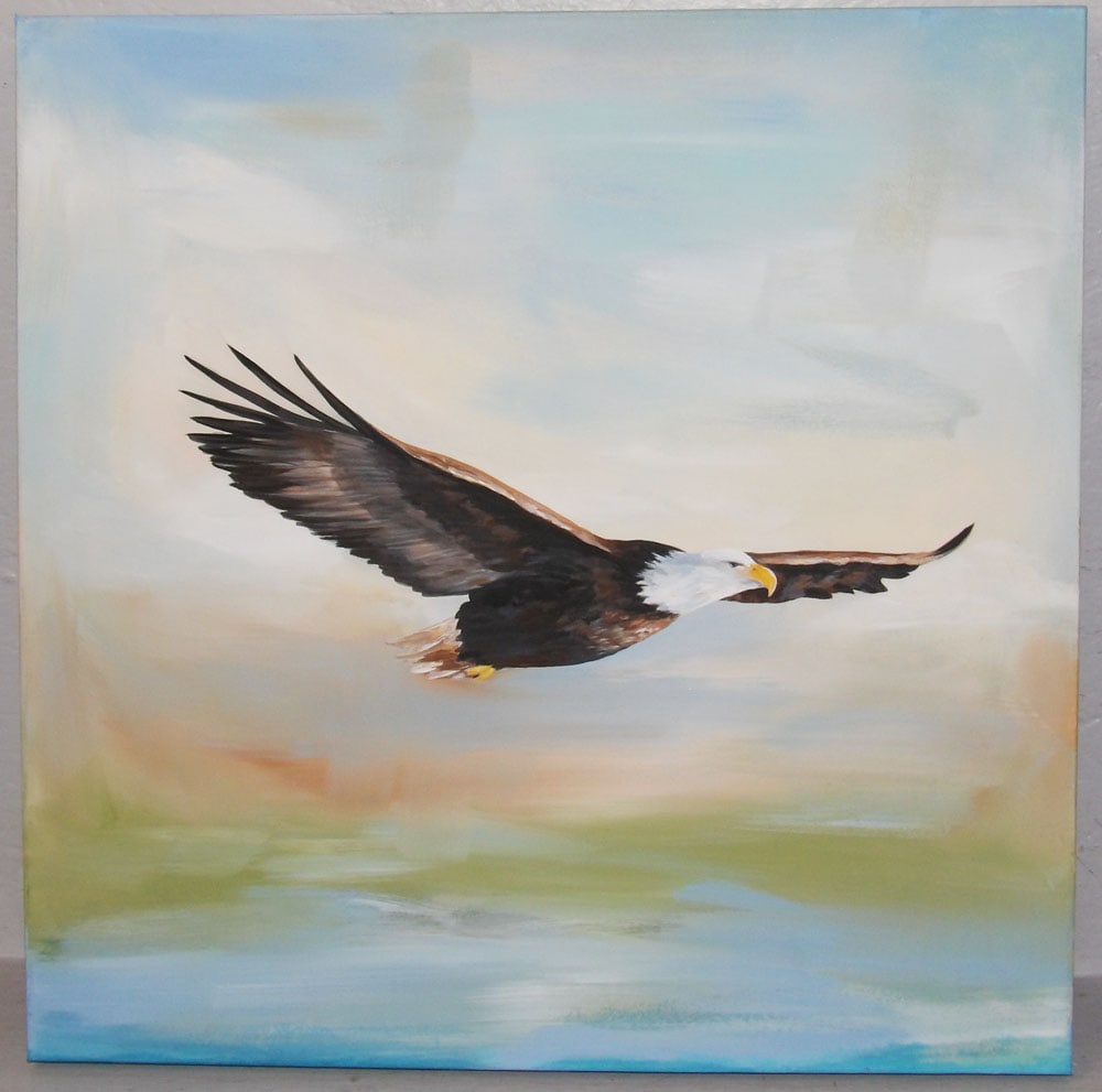 Modern Oil on Canvas of Soaring Bald Eagle Artist Signed & Dated 23: Modern Oil on Canvas of Soaring Bald Eagle Artist Signed & Dated 23. 24" x 24" "ALL DESCRIPTIONS AND ANY CONDITION STATEMENT GIVEN BY LANGSTON AUCTION GALLERY ARE STRICTLY OPINIONS AND LANGSTON'S SHAL